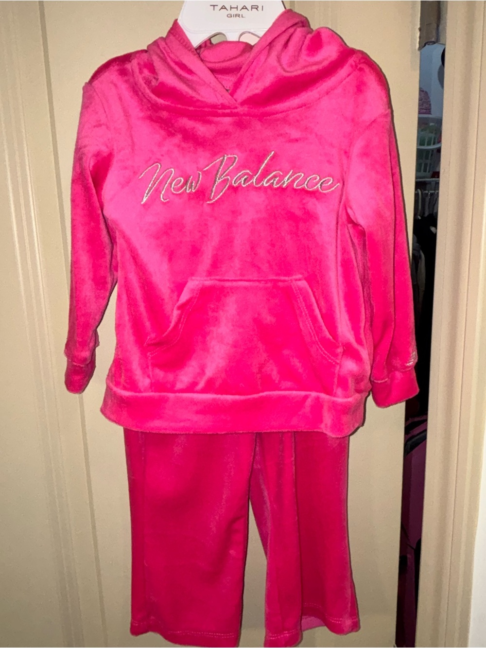 New Balance Baby Girls Pink Fleece Velour Hoodie & Pants Tracksuit Set 12M